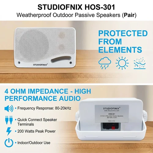 Imagen 2 del producto STUDIOFINIX 3,5'' 2PCS 200W Altavoces pasivos para exteriores con cable - Altavoces impermeables de montaje en pared premium de 3 vías, sonido superior