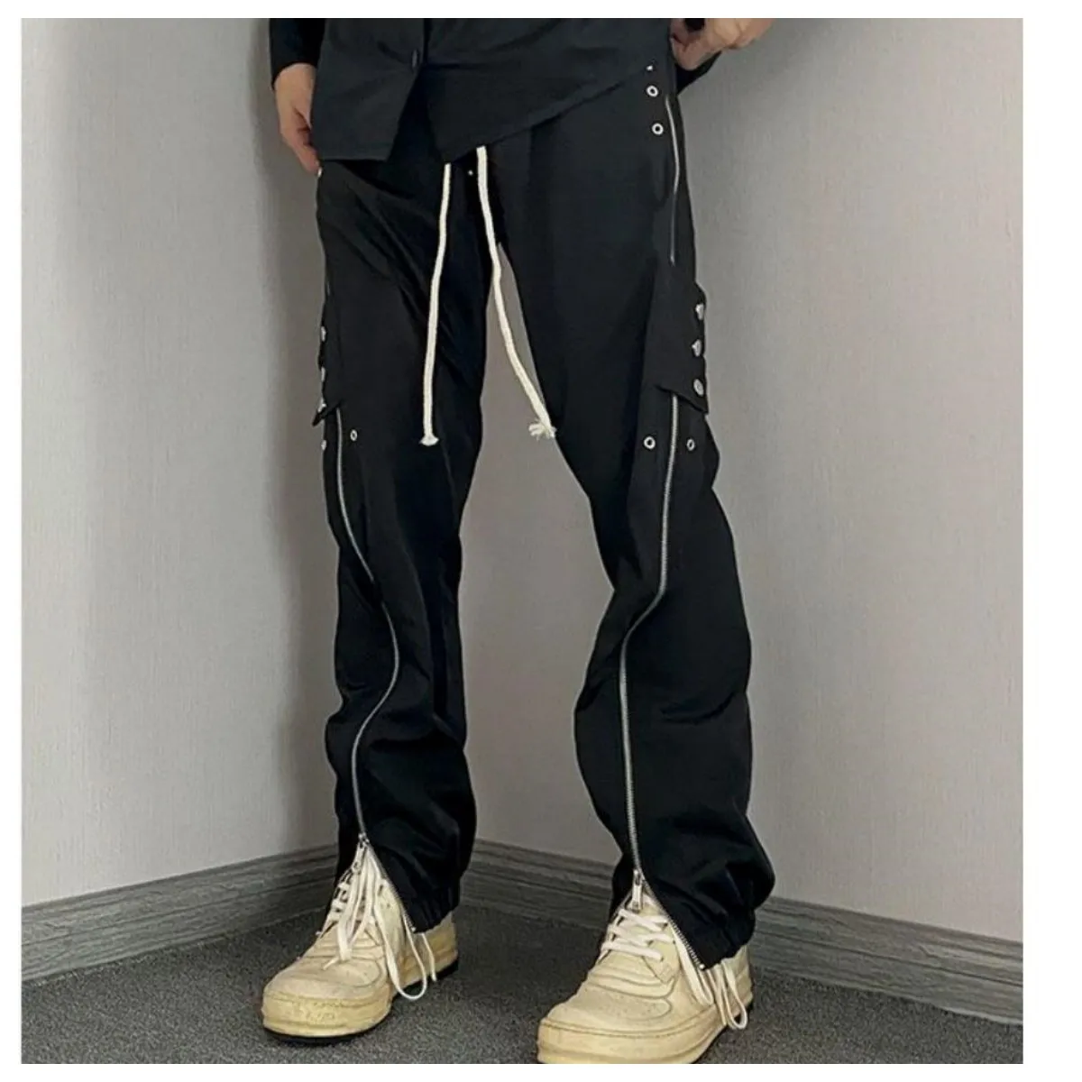 

American Black Zipper Work Suit With Side Buckle Zipper Pants Casual And Loose Fitting Straight Tube Fashion Style