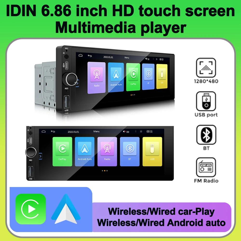 6.86inch MP5 Player Universal Car Radio Stereo Wireless Carplay Auto BT Multimedia Touch Screen 1 DIN