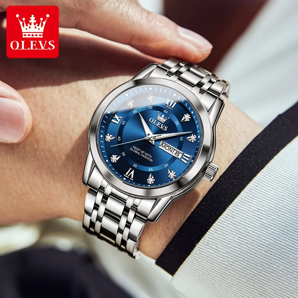 OLEVS 5513 남성용 쿼츠 시계 스테인레스 스틸 스트랩 다이아몬드 스케일 듀얼 캘린더 방수 축광 남성용 비즈니스 손목 시계