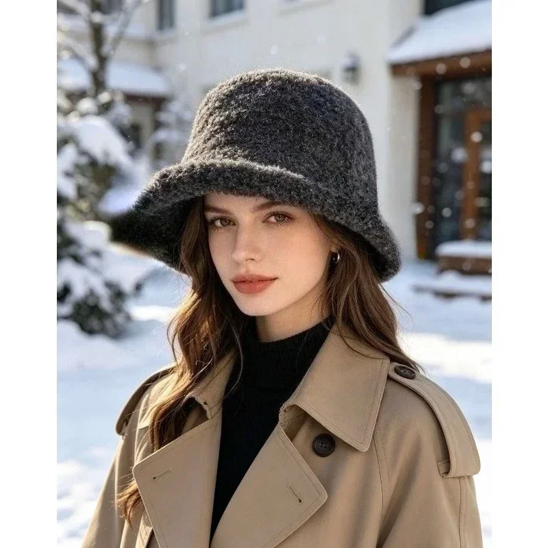 Women's Winter Bucket HatFuzzy Curled Yarn Cloche HatWarm Soft Knit Fisherman CapVintage Rolled Brim for Cold Weather Outdoor