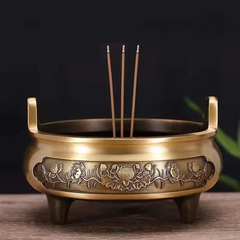 

Vintage Brass Lotus Incense Burner Metal Buddhism Buddha Holder Hollow Out Copper Three Legged Sandalwood Censer Home Decoration