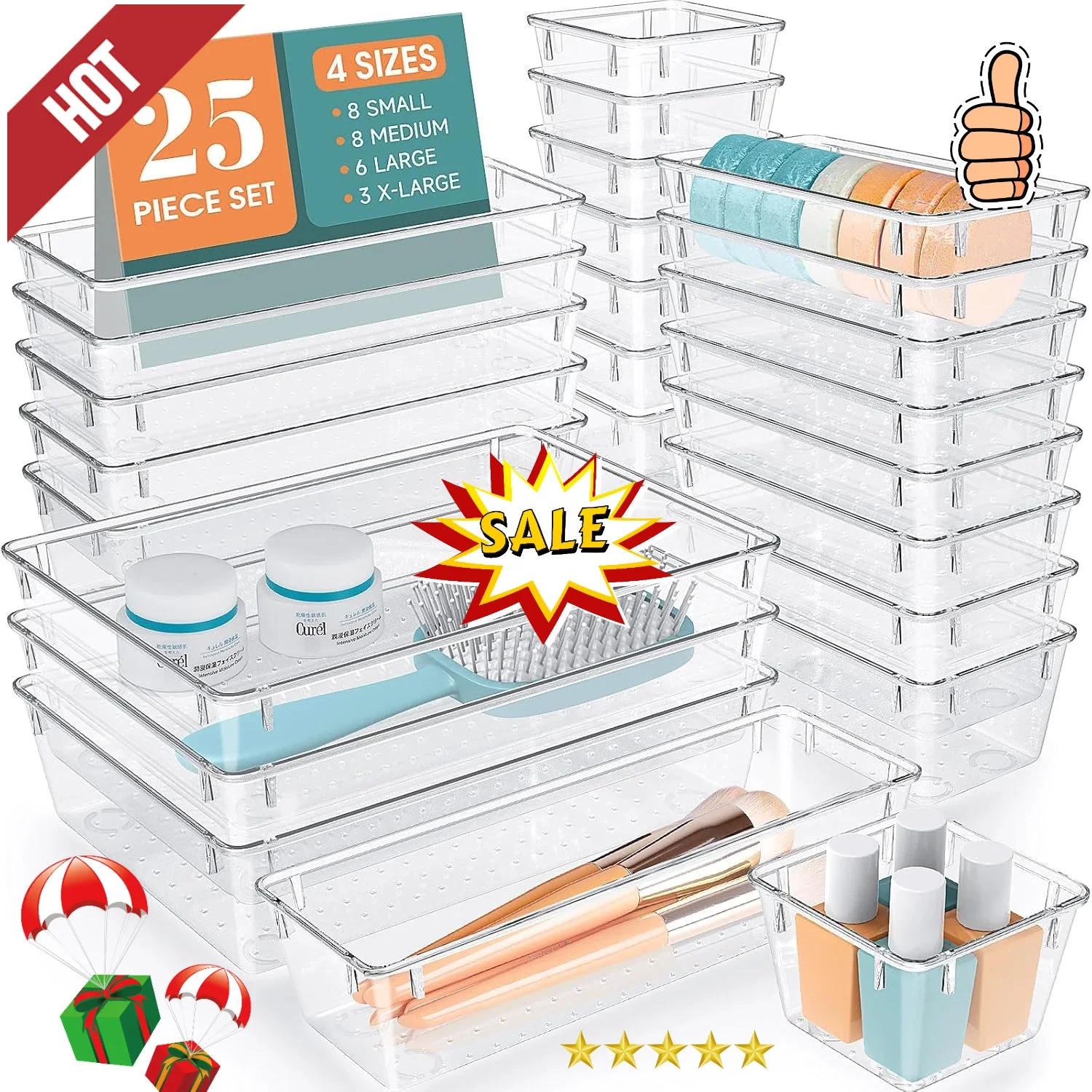 

25 PCS Clear Plastic Drawer Organizer Set, 4 Sizes Desk Drawer Divider Organizers and Storage Bins for Makeup, Jewelry, Gadgets
