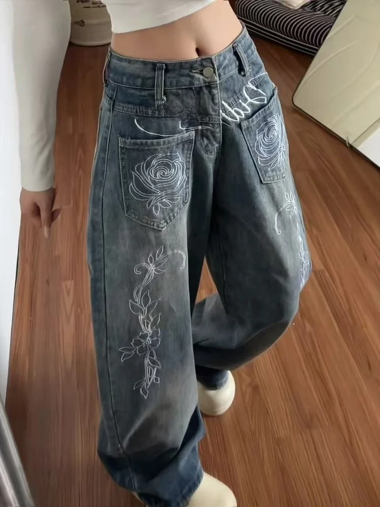 

American High Street Embroidered Letter Floral Loose Women's Jeans High Waist Wide Leg Pants Autumn Winter Design Sense