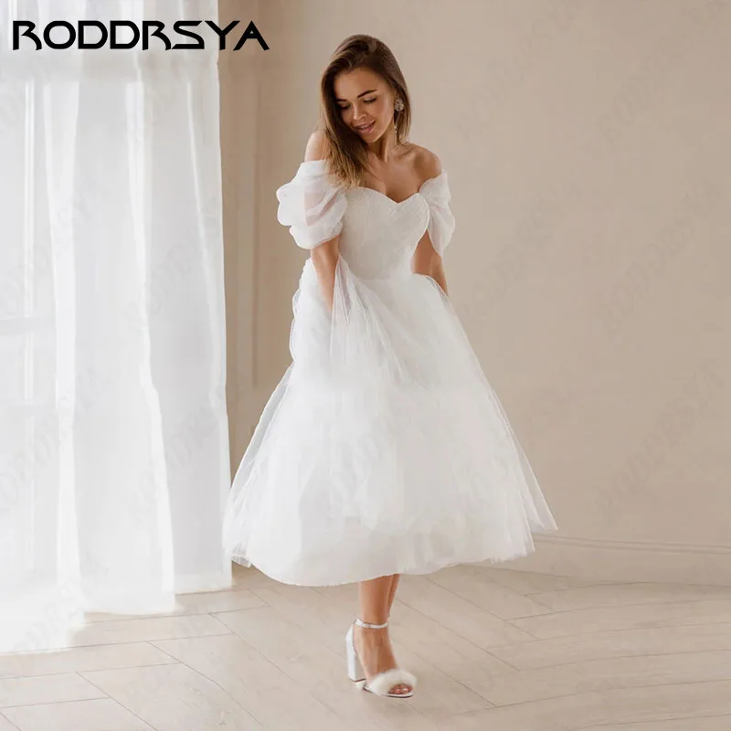 RODDRSYA abito da sposa corto in Tulle da principessa lunghezza del tè con spalle scoperte abiti da sposa con lacci sul retro Customisze Civil Robe De Mariage abito da sposa corto in Tulle da principessa lunghezza del