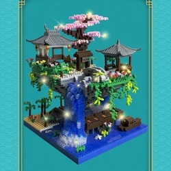 Waterfall Peach Blossom Pond Themed Micro Brick Set with LED Lighting Toy:Classic Chinese Landscape for Unique Nighttime Display