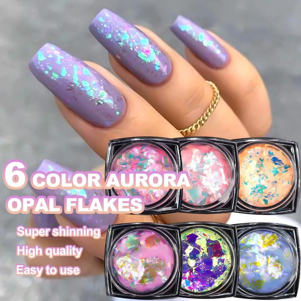 6 Colors Chameleon Nail Glitter Flakes, Ice Transparent Aurora Opal Sequins, Ultra-Thin Mermaid Chunky Glitter for Nail Art DIY