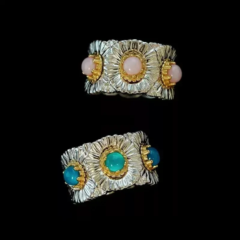 

Итальянское легкое роскошное кольцо из стерлингового серебра 925 пробы с драгоценным камнем ромашки-синего агата в стиле ретро, уникальное кольцо для женщин