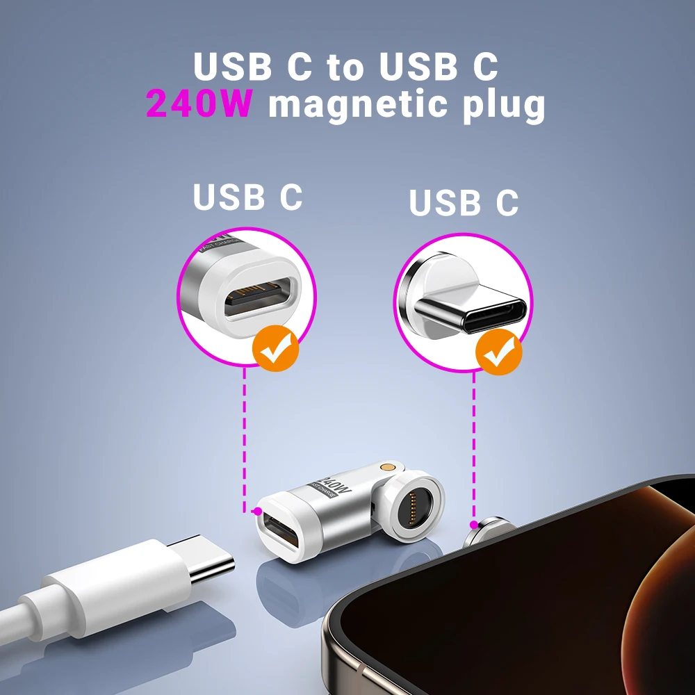 AUFU 9Pin Magnetic USB C Adapter 240W USB C to Type C Fast Charging USB C Female Converter for iPhone 16 15 Laptop Macbook Samsu