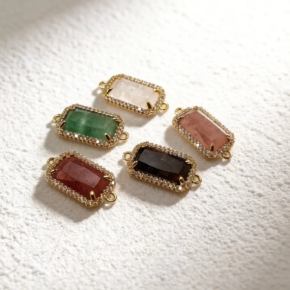 Micro Pave CZ Rectangular Bar Charms Golden Tone Prong Set Natural Healing Gemstone Single Bail DIY Beading Findings P2D013