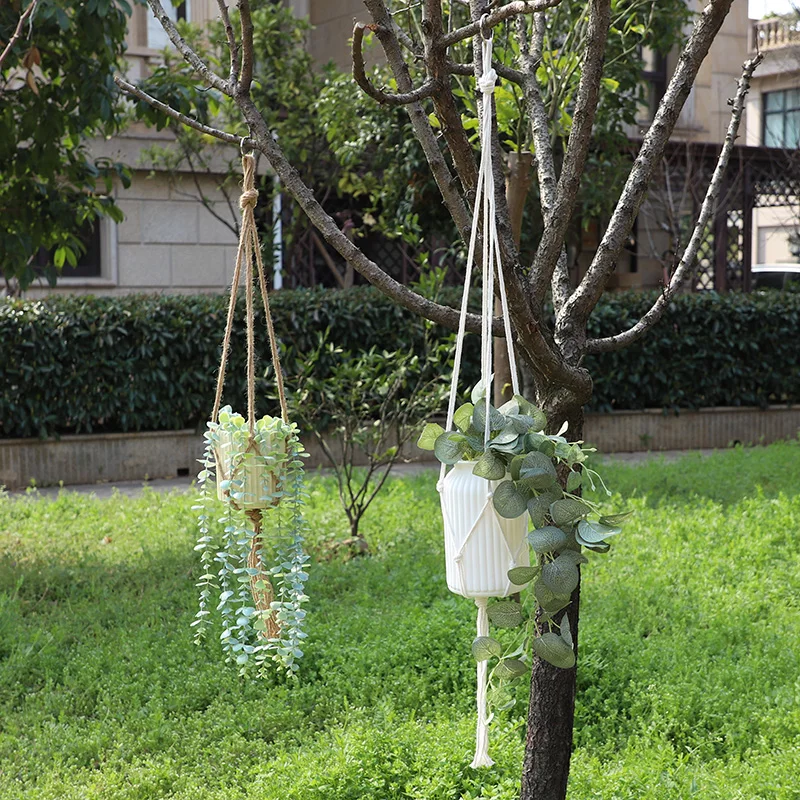 Green Plant Hanger Indoor Hanging Planter Basket Handmade Woven Cotton Rope Flower Pot Pockets For Home Garden Plants Decoration