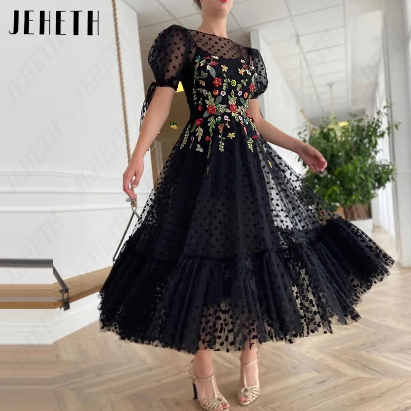 JEHETH O-Neck Pontos de Onda Tulle Prom Vestidos Puffy Mangas Uma Linha Evening Gown Pockets Party Illusion Backless Vestidos De Festa O-Neck Wave Points Tulle Prom Dresses Puffy Sleeves A Line Evening Gown Bolsos Fest