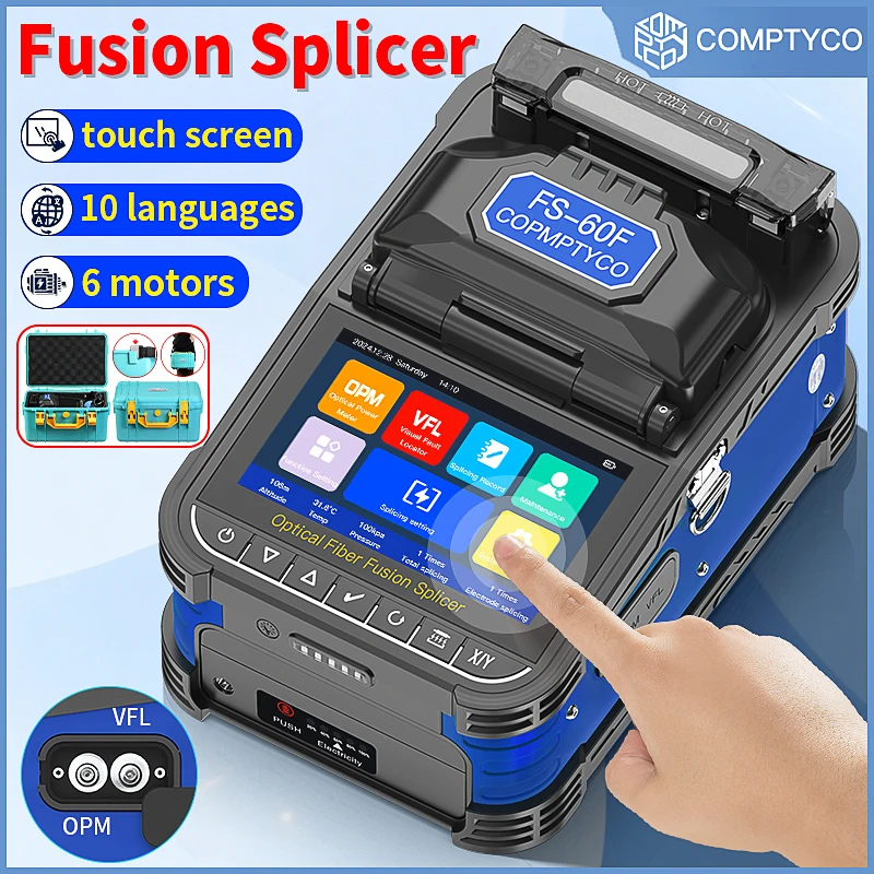 COMPTYCO FS-60F/AUA-70F Fiber Optic Fusion Splicer Touch Screen 6 Motors FTTH Optical Fiber Core Fusion Machine Built-in VFL OPM