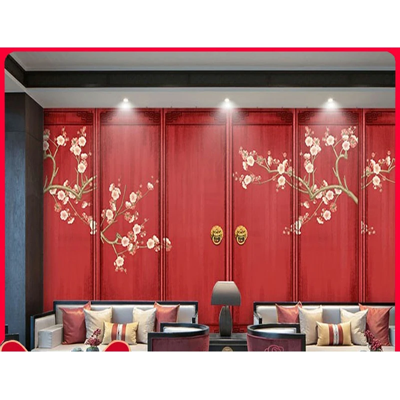 Customized 3D Antique Chinese Red Palace Museum wallpaper classic plum background wall new Chinese flower and bird bedroom mural