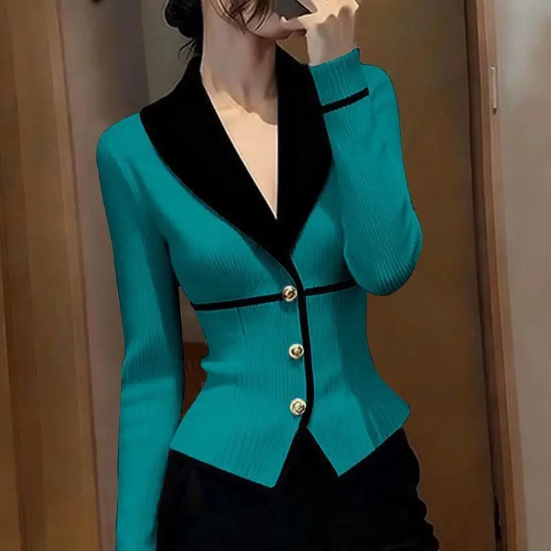 Xiaoxiangfeng V-neck Knitted Sweater Suit Cardigan Jacket Women's New Spring Autumn Fashion Color Matching Slim Cardigan Sweater