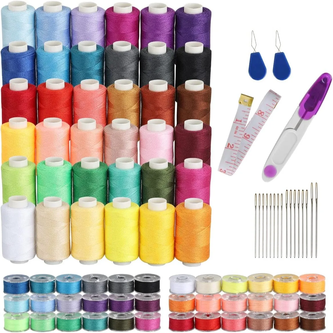 

72Pcs Sewing Thread Kit, 500 Yards Per Polyester Thread Spools with Needles, Threader, Scissors and Ruler, Prewound Bobbins in
