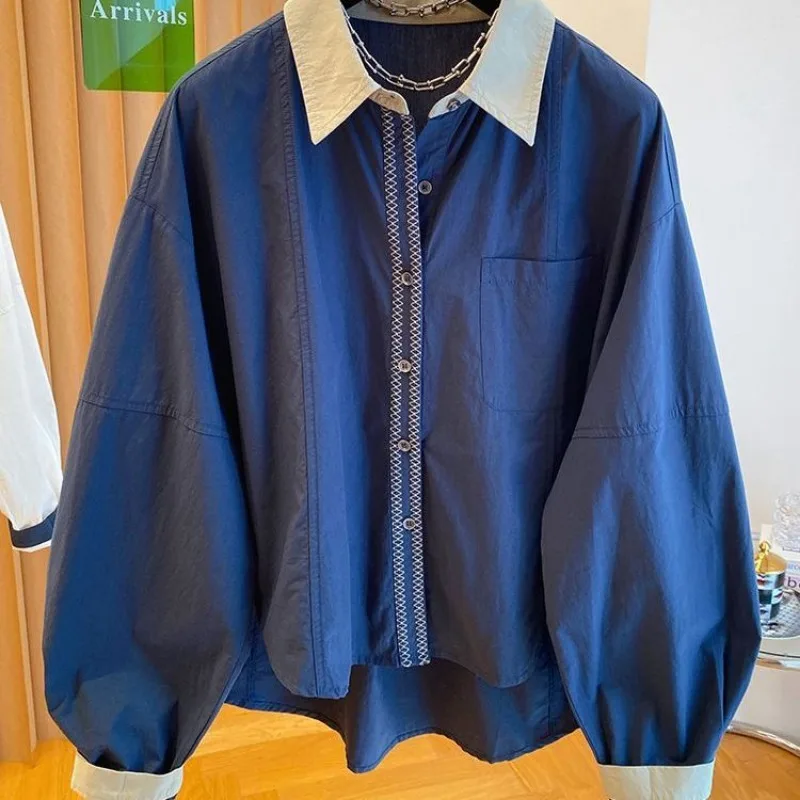 

Women's New Autumn Fashion Color Matching Casual Loose Design Short Front Back Cotton Tops Long-sleeved Shirts