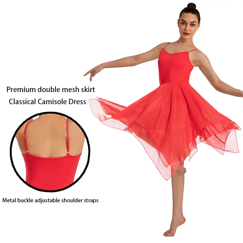 Women Modern Lyrical Camisole Dress Dance Costume Ballet Asymmetric High-Low Mesh Skirted Sleeveless Leotard Gymnastic Dancewear