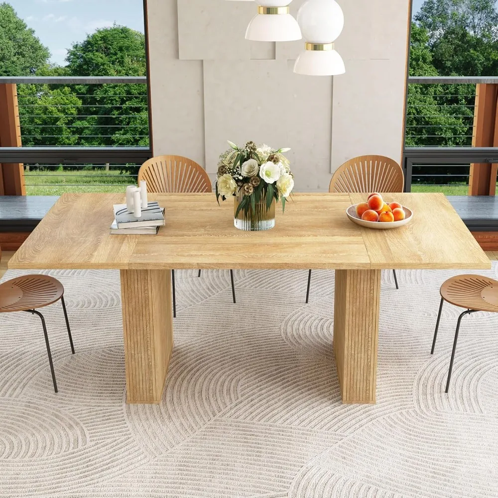 78 Dining Table for 6-10, Modern Farmhouse Rectangular Kitchen Table, Wood Strip Base, Suitable for Kitchen/Living Room