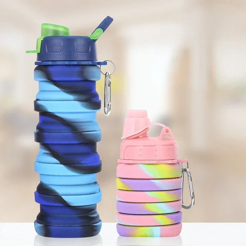 

Portable Collapsible Silicone Water Bottle With Lid Camouflage Foldable Kettle For Sports Travel Drinking Cup With Carabiner Cup