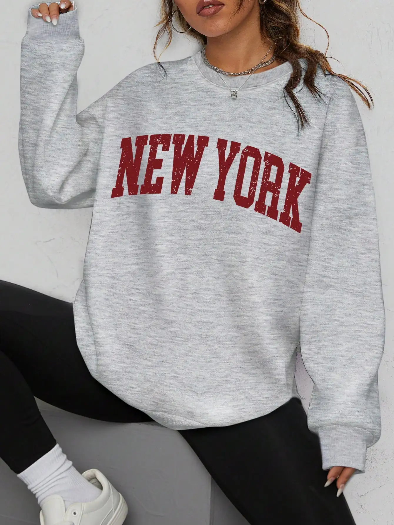 

Women's Retro New York Letter Print Sweatshirt, Loose Fit Casual Pullover for Autumn Winter