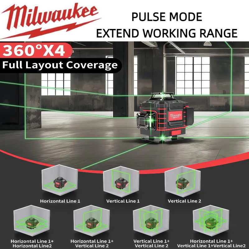 ميلووكي 4 جوانب * 360 درجة عمودي 4.2 فولت 3-4D مستوى الليزر شعاع أخضر 16 خطوط التسوية الذاتية العمودية عبر خط ليز #4