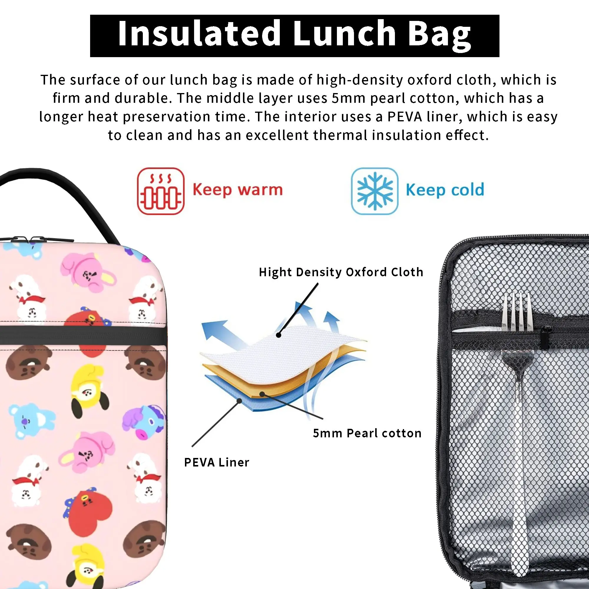 Cartoon-Musikband-Lunchtasche, lustige Reise-Lunchbox, bedruckt, tragbare Thermo-Lunchtaschen – Detail 5