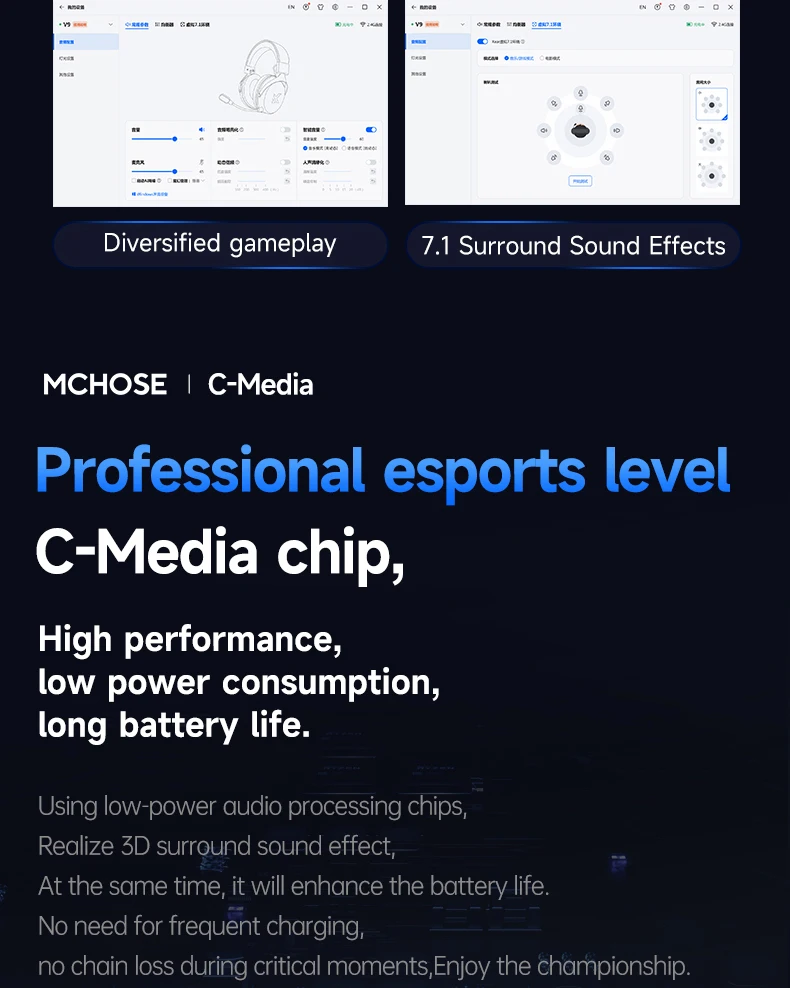 MCHOSE V9 Pro Elektronisches Sport-Headset Drei-Modus-Gaming USB Kabellos 7.1-Kanal Surround Sound Tragbares Headset mit Mikrofon – Detail 8