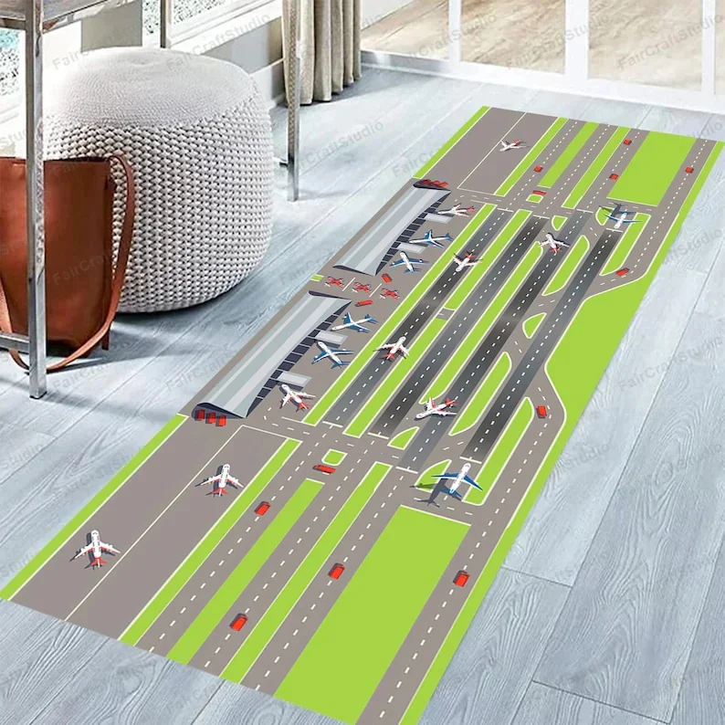 Green Lawn Airplane Runway Runner Rug Children's Game Climbing Mat Living Room Bedroom Bedside Sofa Edge Home Decoration Mat