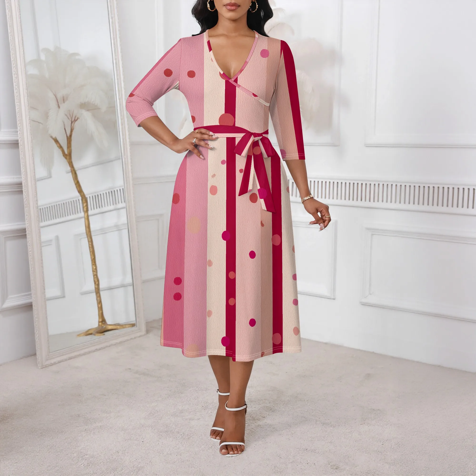 

XS-3XL Pink Stripe Polka Dot Wrap Dress for Women V-Neck Elegant Midi Style for Mother’s Day, Brunch or Office Spring Look