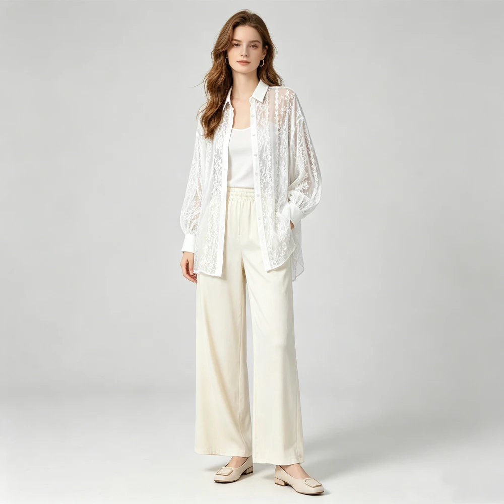 Artistic Vertical Embroidery White Semi Transparent Sunscreen Square Collar Long Sleeved Women's Natural Mulberry Silk Cardigan