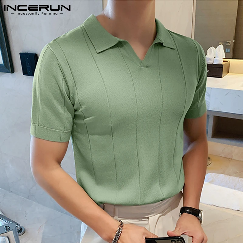 INCERUN 2025 camisa para hombre, ropa de calle de manga corta con solapa, Color sólido, ropa de Fitness para hombre guapo, camisas de ocio de estilo coreano S-5XL