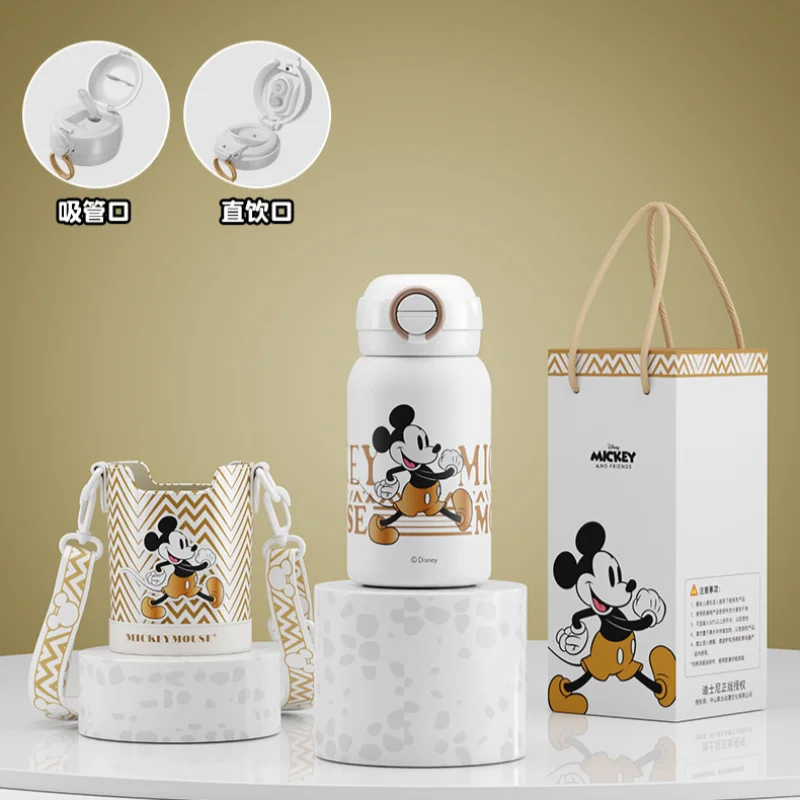 Disney Mickey Mouse Cartoon Student Insulation Coffee Cup Strawberry Bear Travel Portable Shoulder Strap Double Drinking Cup