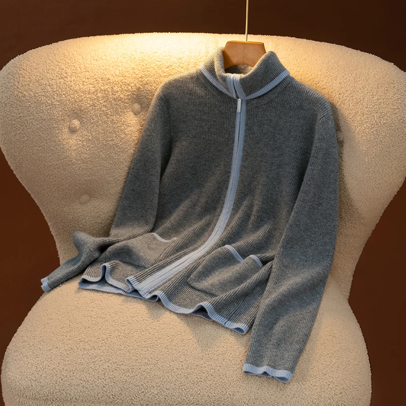 

Color-Block Polo Collar Cardigan Women's 100% Cashmere Fashion Casual Zip Sweater Autumn Winter Comfortable Soft Knitted Coat