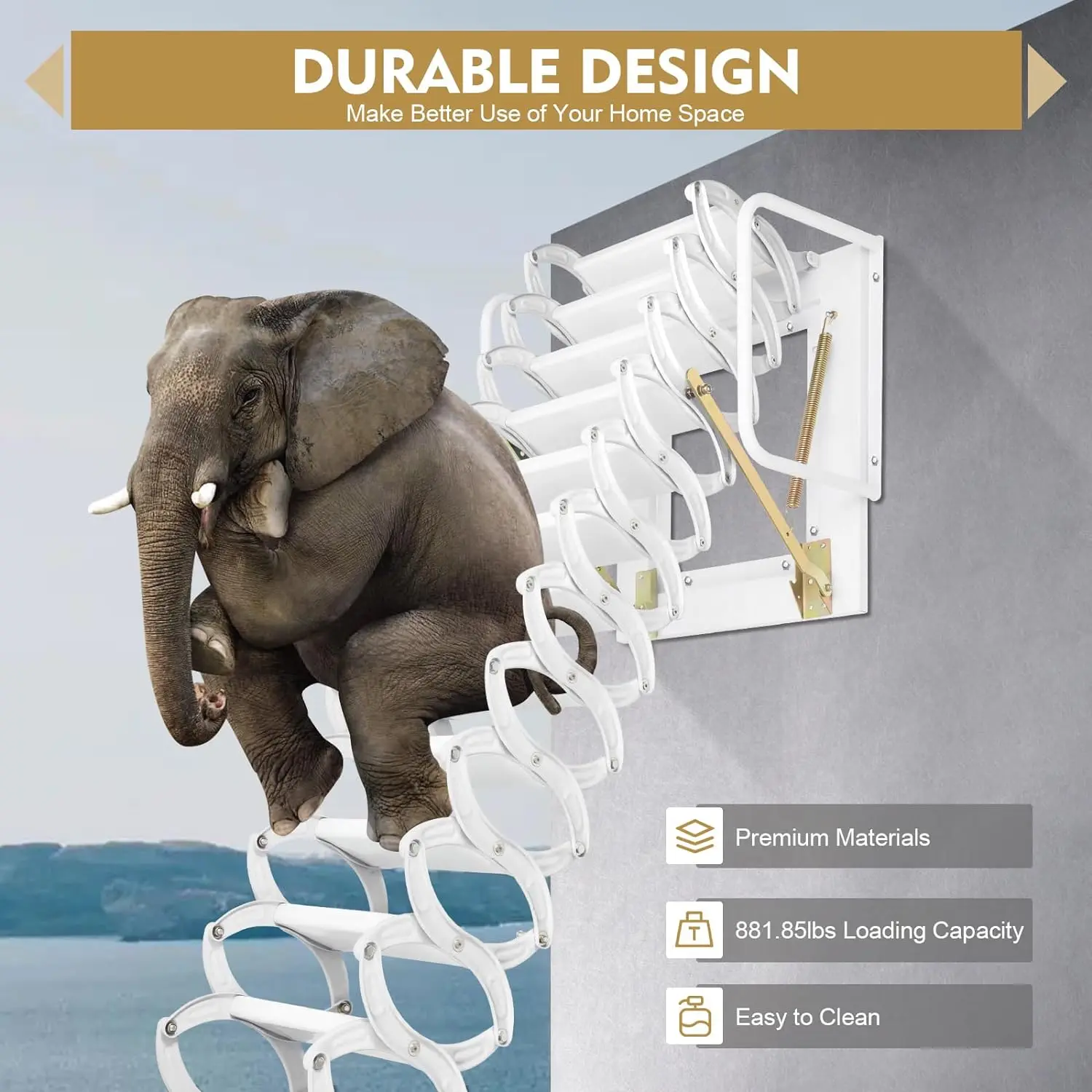 سلم عطري مثبت على الحائط 12 خطوة سلالم علية، نظام سحب سلم علوي قابل للطي، سلم سلم قابل للسحب بطول 9.5-10.17 قدم، #3