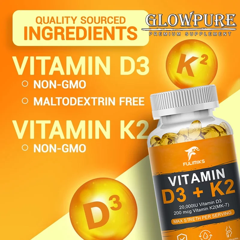 فيتامين د3 20000IU و200mcg فيتامين ك2 (MK-7) كبسولات لامتصاص الكالسيوم وتجديد العظام ودعم المناعة عالي الامتصاص #2