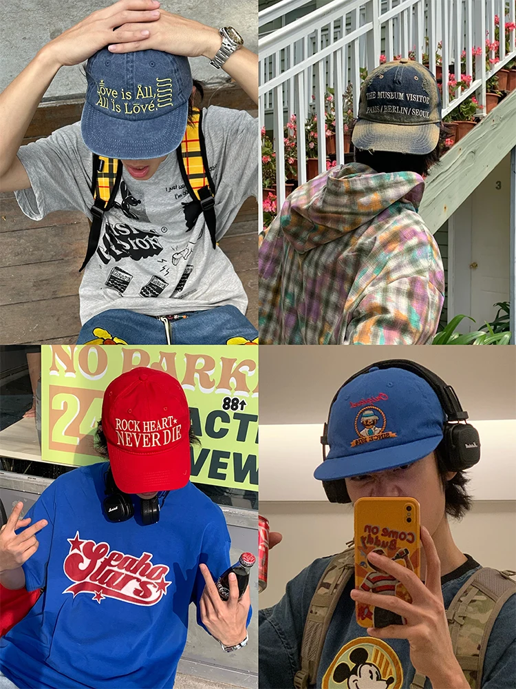 

EAHO American Retro Streetwear Hat Embroidered Letter Baseball Cap ex Wide Brim Cap Couple Matching Hat for Men And Women