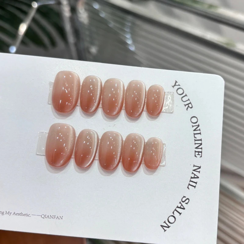 10 Stück solide rosa Katzenaugen-Nägel zum Aufdrücken, handgefertigt, glänzend, kurze ovale künstliche Nägel, vollständige Abdeckung, luxuriöse fertige künstliche Nägel mit Kleber – Detail 8
