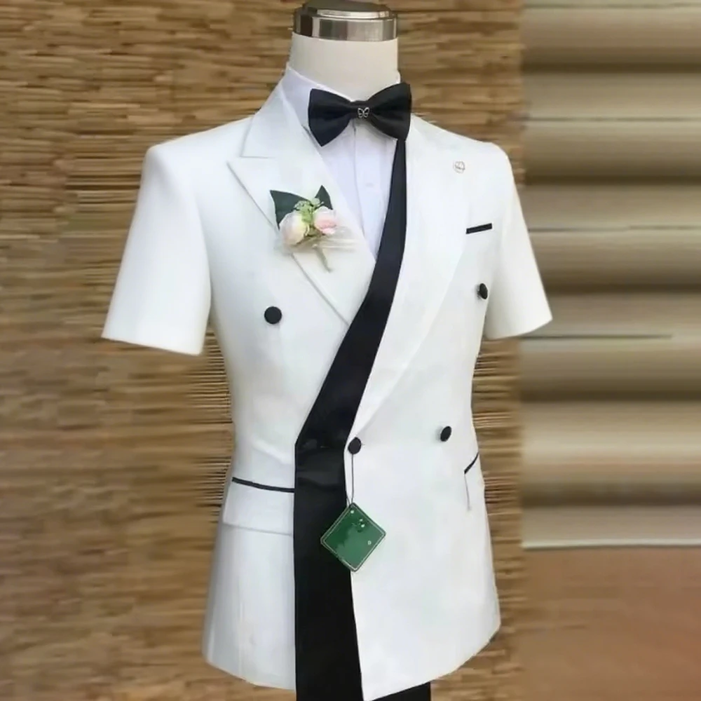 

Daily Male Clothing Fashion Men's Suits Short Sleeve Double Breasted Blazer With Black Pants Sets 2 Pcs Summer Customzied Outfit
