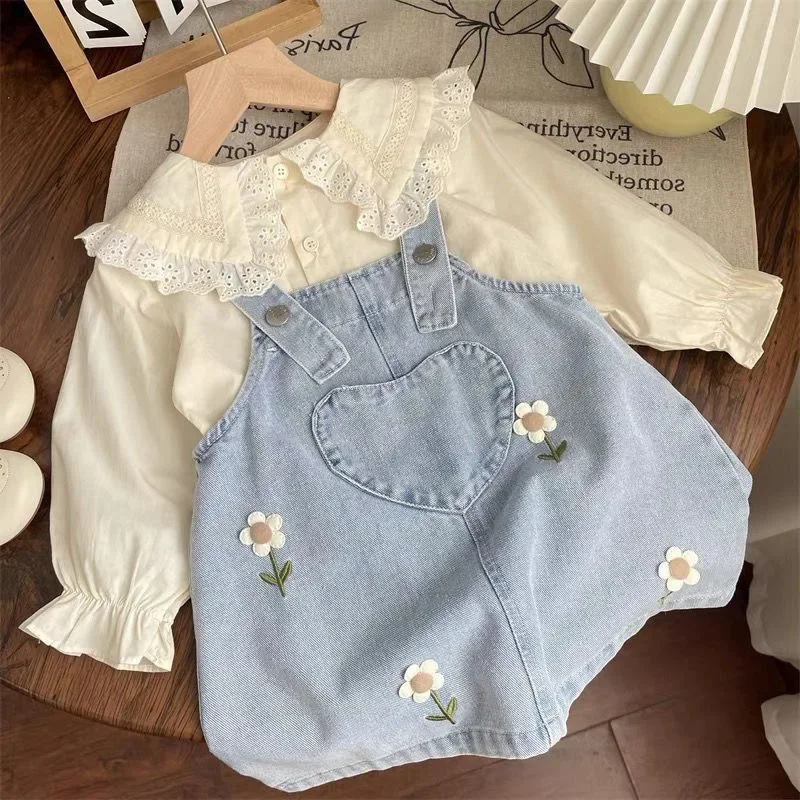 

5538 Children Clothes 2025 Spring and Autumn New Girls' Suit Sweet Korean Lace Shirt Or Flower Denim Strap Skirt