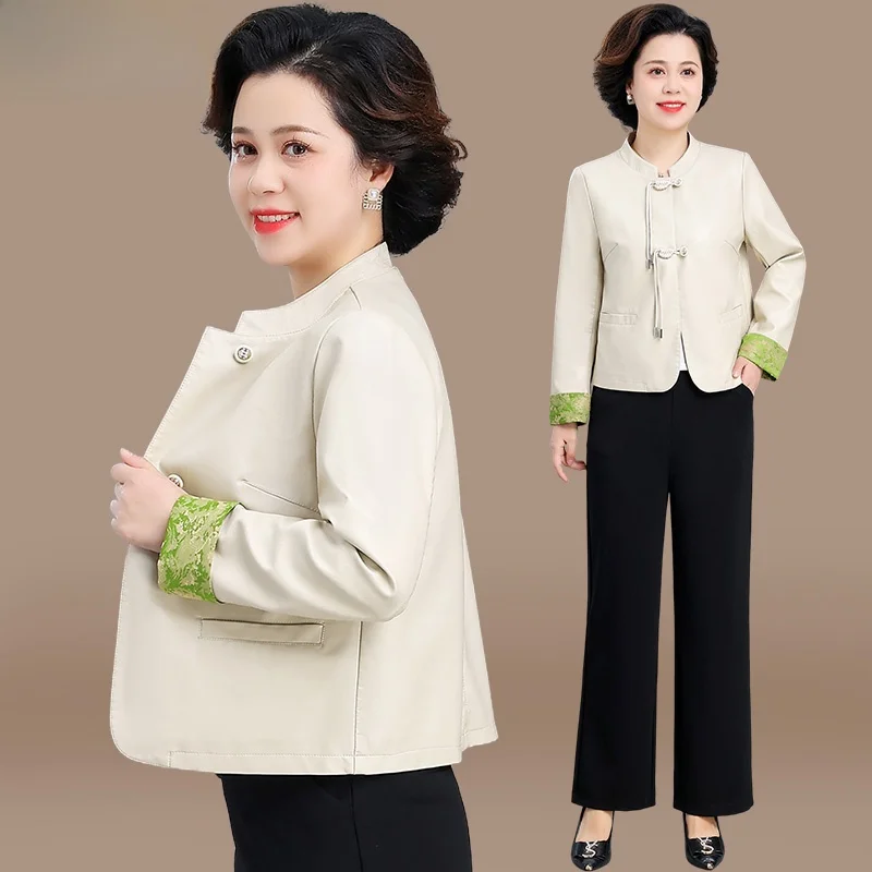 

Новая кожаная куртка 2024 года для женщин среднего и старшего возраста, с круглым вырезом, на одной пуговице, короткий рукав