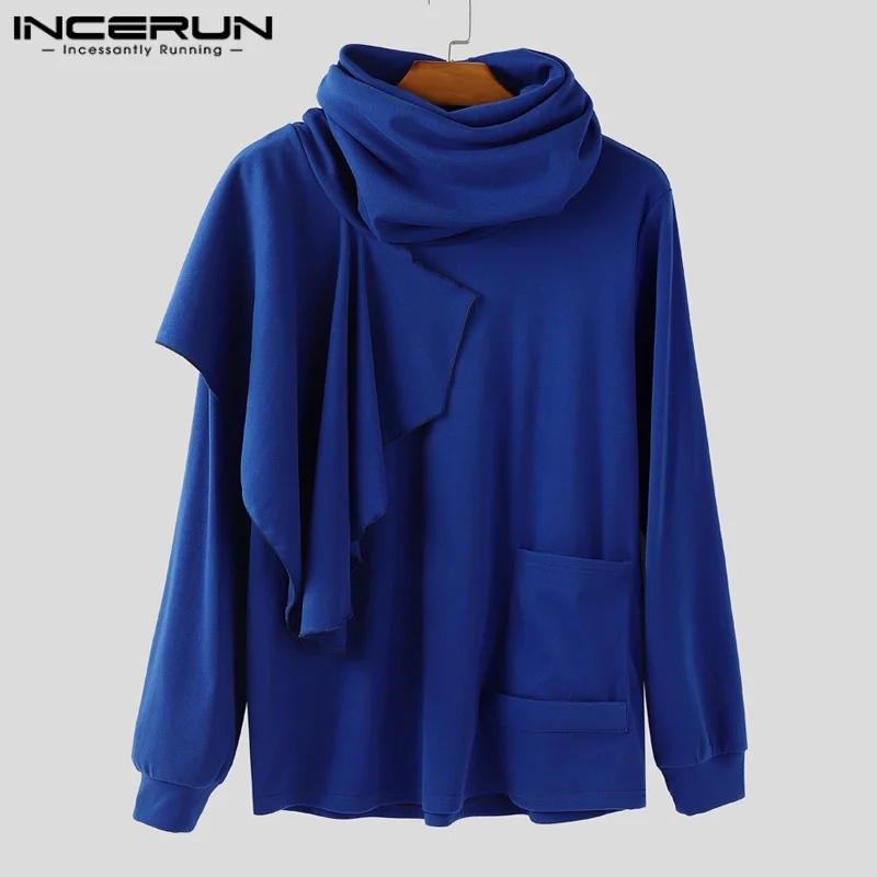 

INCERUN Men Irregular T Shirt Solid Turtleneck Long Sleeve Male Tee Tops Streetwear Pockets Loose Fashion Casual Men Clothing