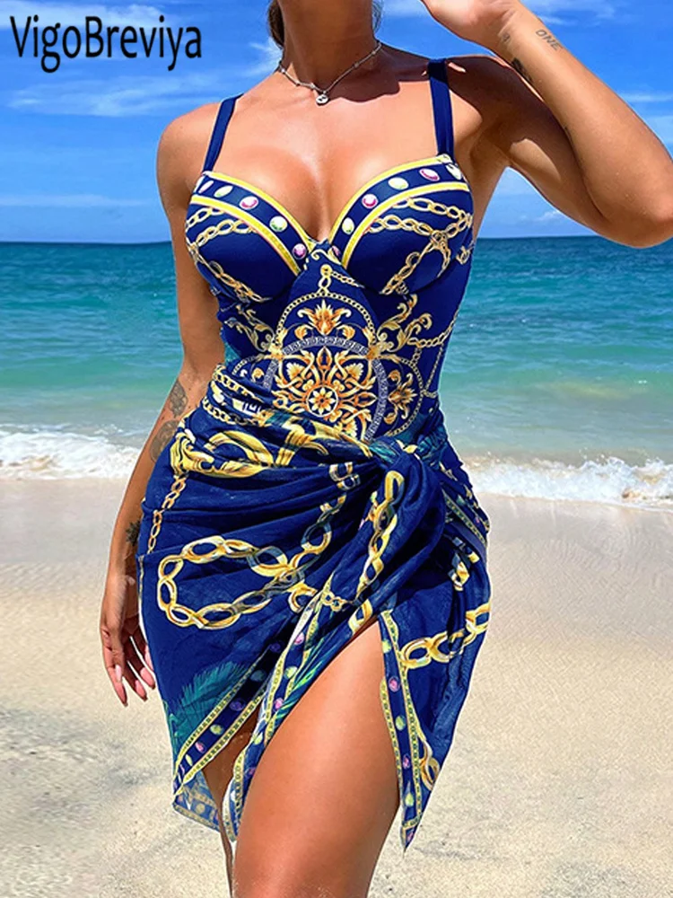 VigoBeviya 2025 Sexy Print Strapped 2 Piece Swimwear Women Strapped Push UP One Piece Swimsuit Monokini Backless Bathing Suit