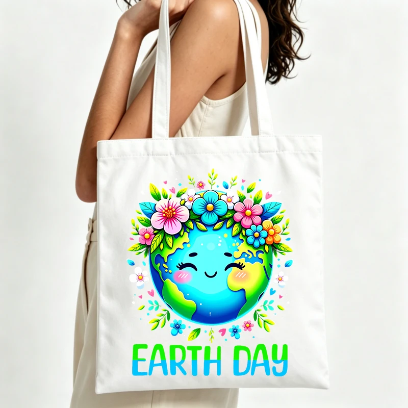 floral earth graphic canvas tote bag, casual style for daily shopping and earth day outings