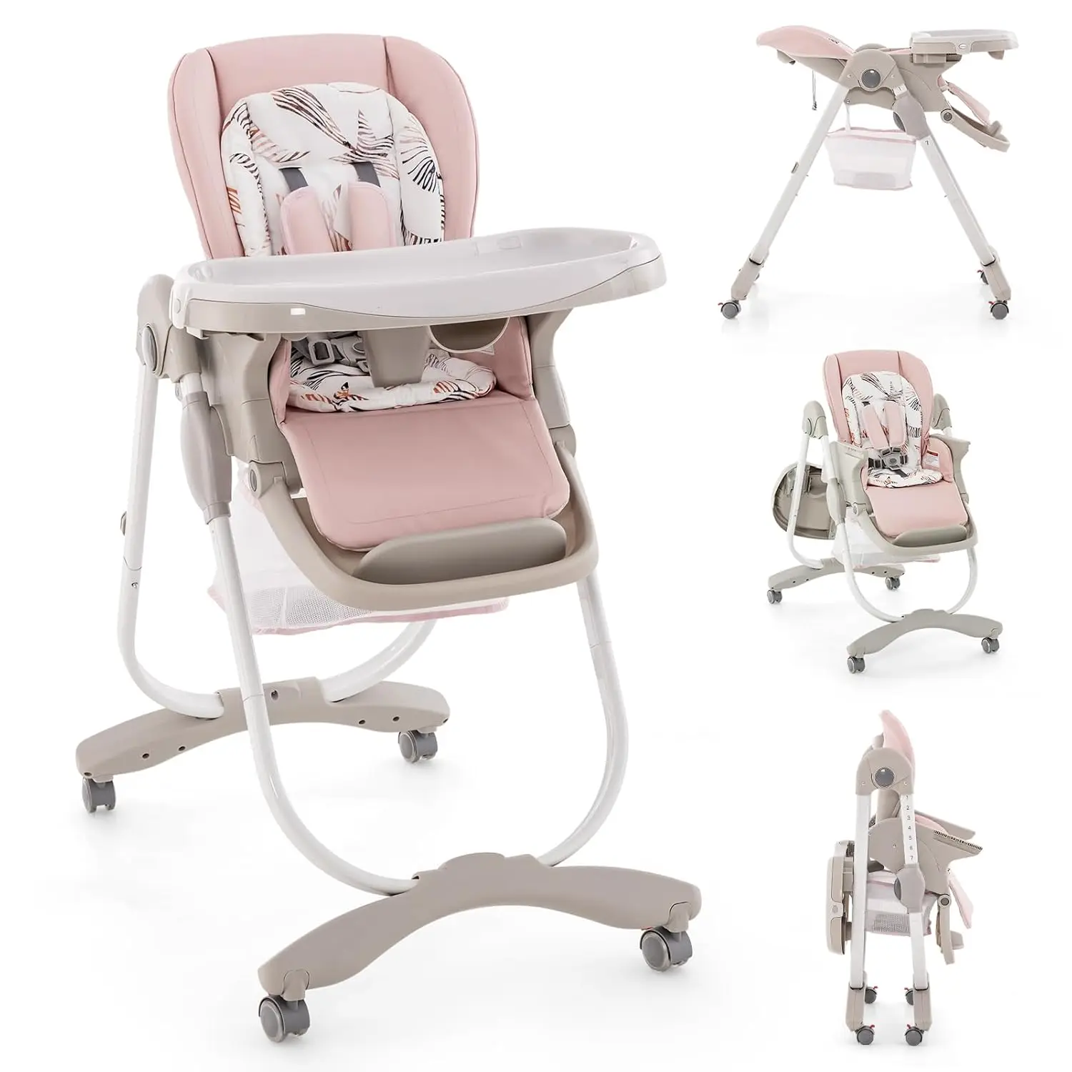

Pink Foldable Baby High Chair With Adjustable Height Recline Footrest Removable Tray Storage Basket Portable Wheels For Babies T
