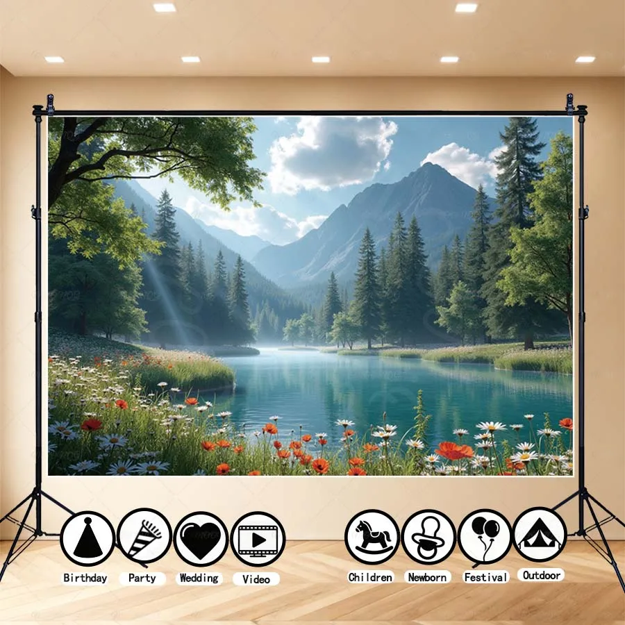 

MOON.QG Mountain Lake Flower Field Backdrop Spring Grassland Background Photo Booth Decoration Birthday Studio Child Party Decor