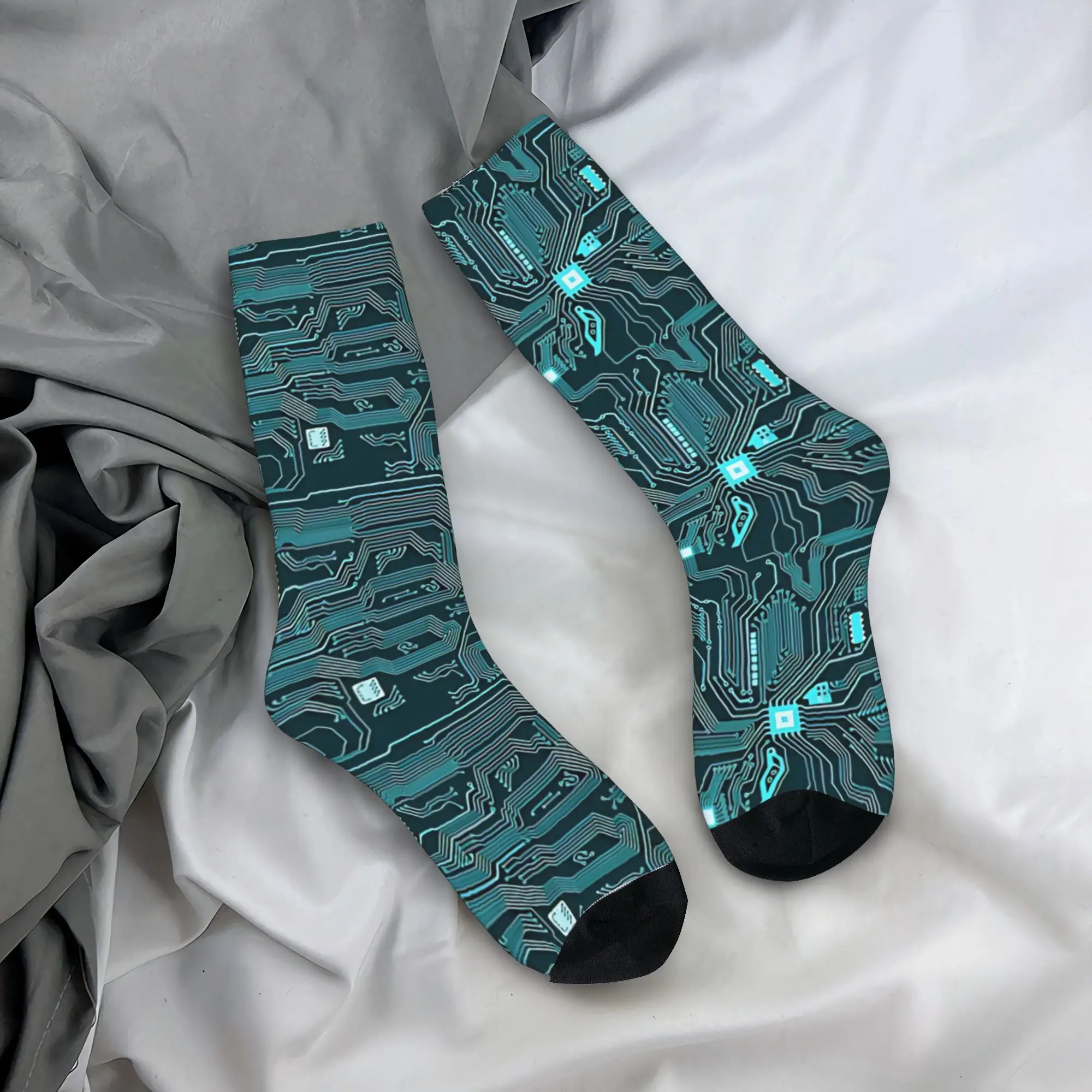 

Adults Men Socks Printed Circuit Board Blue Stockings Autumn Novelty Warm Soft Socks Design Cycling Non Skid Socks