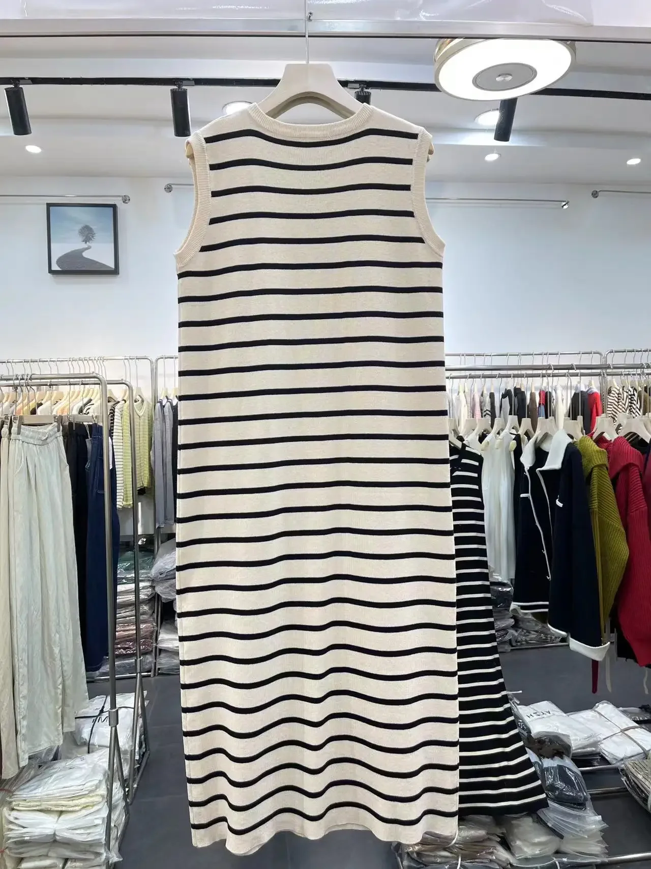 2024 Summer New Women's Long Sleeveless Striped Dress Loose Knitted Sundress P535