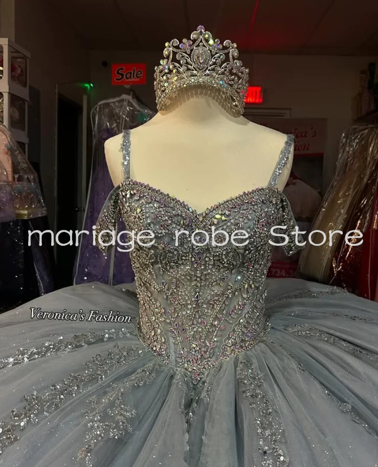 Zilver Sparkly Prinses Quinceanera Jurken Glitter Crystal Off Schouder Gezwollen Corset Lace-up Aangepaste vestidos de xv jaar