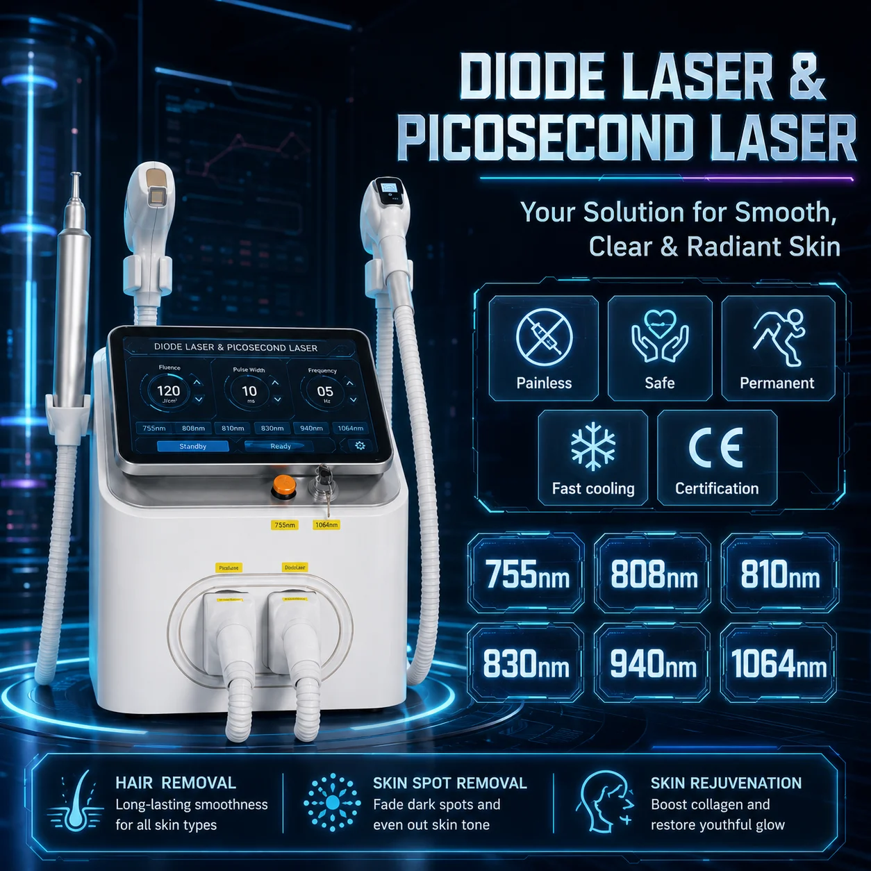 2 IN 1 Professional 6 Wave 808 Diode Laser Permanent Painless Hair Removal Picosecond  Tattoo Removal Machine 5000W 10Bars